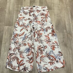 Womens Tahari 100% Linen Floral Crop Wide‎ Leg Pull On Pants